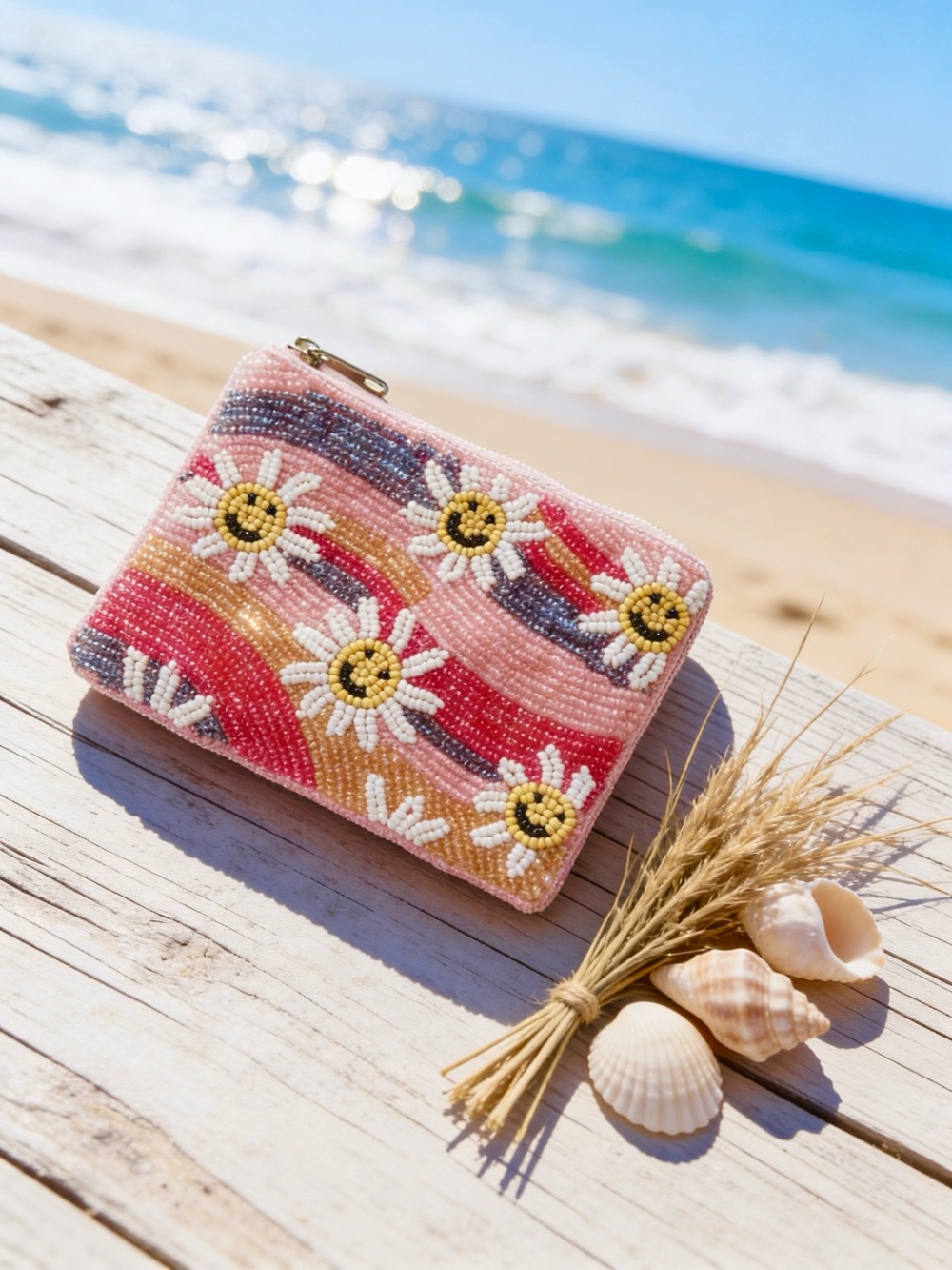 Beaded Daisy Zip Pouch - Pink Multicolor